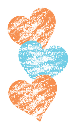 Three textured hearts, orange and blue.